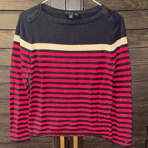 Tommy Hilfiger Navy and Red Striped Long Sleeve Top